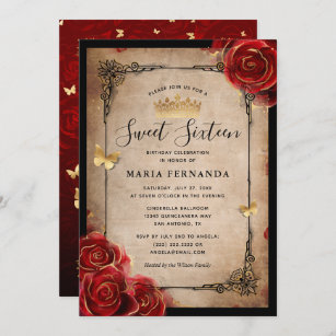 Vintage Red Rose Gold Black Elegant Sweet 16 Invitation