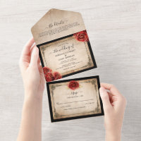 Vintage Red Rose Gold Black Parchment Wedding