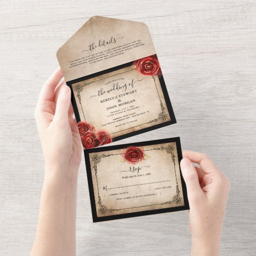 Vintage Red Rose Gold Black Parchment Wedding All In One Invitation