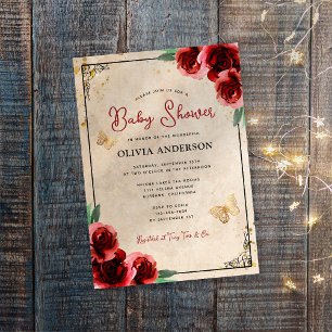 Vintage Red Rose Gold Elegant Baby Shower Invitation