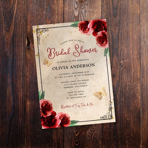 Vintage Red Rose Gold Elegant Bridal Shower Invitation