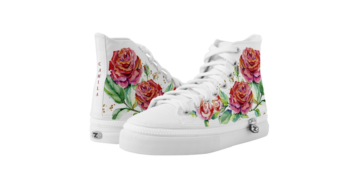 Vintage Red Rose Gold Glitter Floral Quinceanera High Top Sneakers