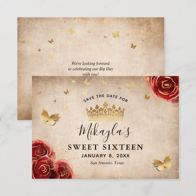 Vintage Red Rose Gold Parchment Elegant Save The Date (Front/Back)
