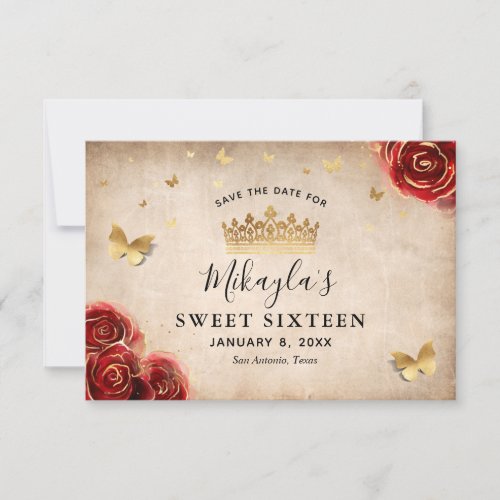 Vintage Red Rose Gold Parchment Elegant Save The Date