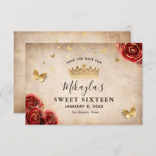 Vintage Red Rose Gold Parchment Elegant Save The Date