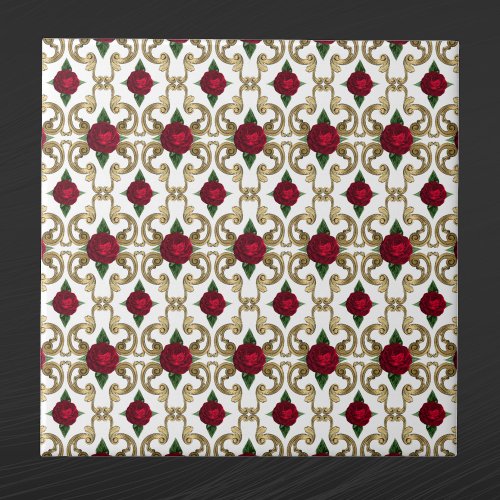 Vintage Red Rose Gold Pattern Ceramic Tile