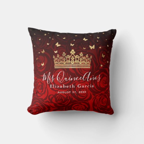 Vintage Red Rose Gold Quinceanera Mis Quince Anos Throw Pillow