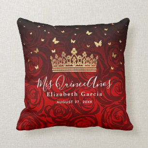 Vintage Red Rose Gold Quinceanera Mis Quince Anos Throw Pillow
