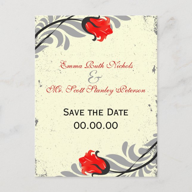 Vintage Red Rose Grunge Save The Date Postcard (Front)