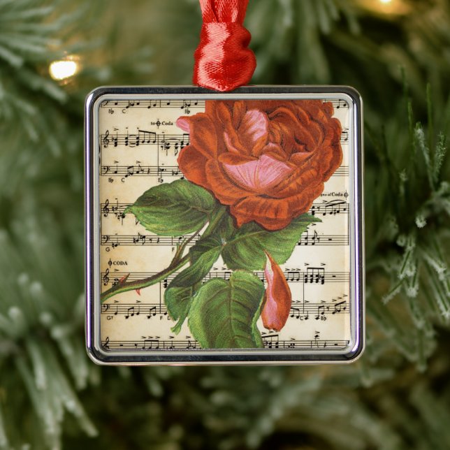 Vintage Red Rose & Music Metal Ornament (Tree)