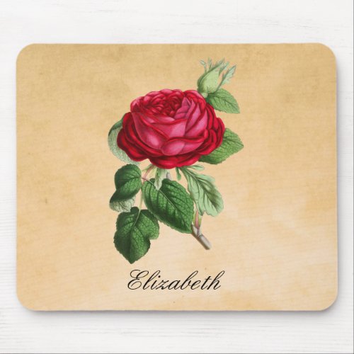 Vintage Red Rose on Faux Tan Parchment Background Mouse Pad