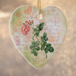 Vintage Red Rose on Pink Damask with Handwriting Ceramic Ornament
