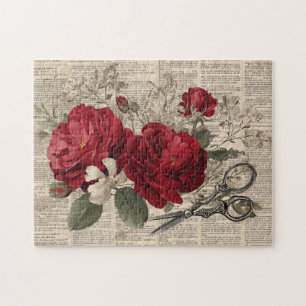 Vintage Red Rose & Scissors Botanical Collage Jigsaw Puzzle