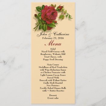 Vintage Red Rose Skinny Wedding Table Menu by Myweddingday at Zazzle
