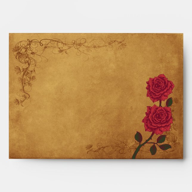Vintage Red Rose Wedding Envelope (Front)