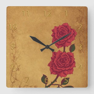Vintage Red Rose Wedding Square Wall Clock