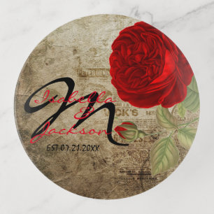 Vintage Red Rose with Monogram and Name(s) Trinket Tray