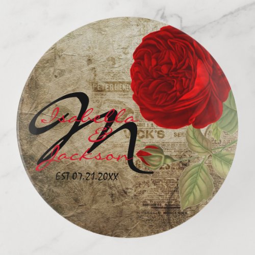 Vintage Red Rose with Monogram and Names Trinket Tray