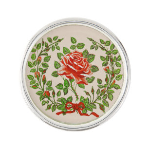 Vintage Red Rose Wreath Floral Greeting Art Lapel Pin