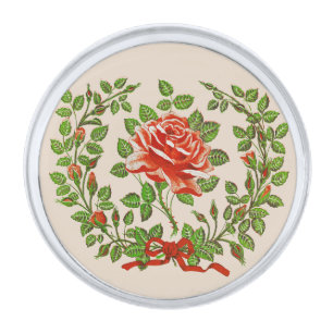 Vintage Red Rose Wreath Floral Greeting Art Silver Finish Lapel Pin