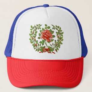 Vintage Red Rose Wreath Floral Greeting Art Trucker Hat
