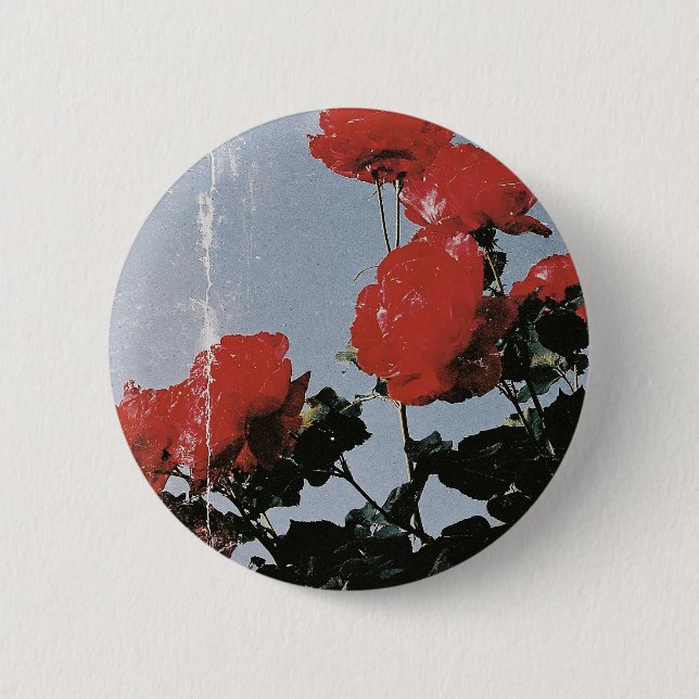 Vintage Red Roses Against a Blue Sky Button (Front)
