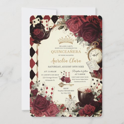 Vintage Red Roses Alice in Wonderland Quinceanera Invitation