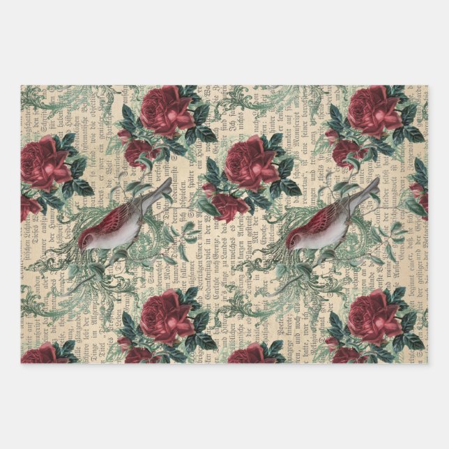 Vintage Red Roses and Birds Wrapping Paper Sheets (Front)
