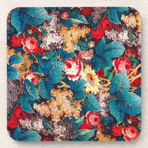 Vintage red roses and lilac floral pattern beverage coaster