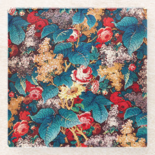 Vintage red roses and lilac floral pattern glass coaster