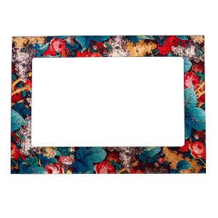 Vintage red roses and lilac floral pattern magnetic frame