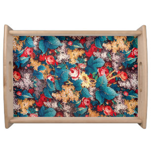 Vintage red roses and lilac floral pattern serving tray