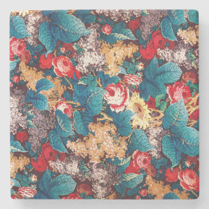 Vintage red roses and lilac floral pattern stone coaster