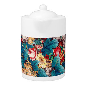 Vintage red roses and lilac floral pattern teapot
