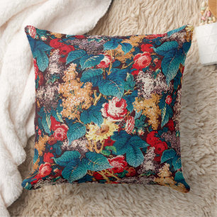 Vintage red roses and lilac floral pattern throw pillow