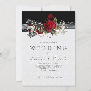 Vintage Red Roses Baby's Breath Ribbons Wedding Announcement