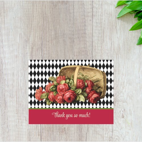 Vintage Red Roses Basket Thank You Postcard