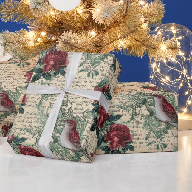 Vintage Red Roses Birds Newsprint Christmas Wrapping Paper (Holidays)