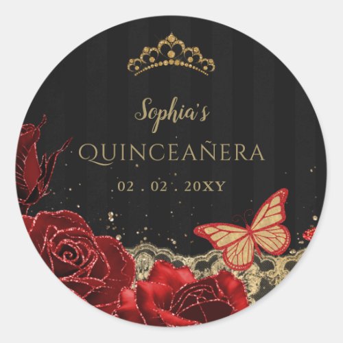 Vintage Red Roses Black Gold Lace Quinceaera Classic Round Sticker