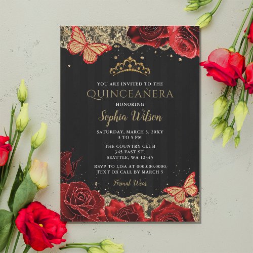 Vintage Red Roses Black Gold Lace Quinceaera Invitation