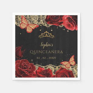 Vintage Red  Roses Black Gold Lace Quinceañera Napkins