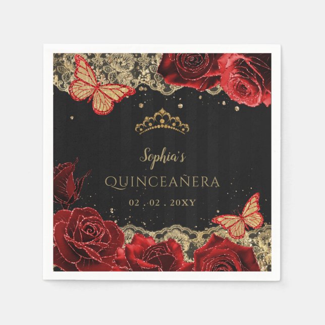 Vintage Red  Roses Black Gold Lace Quinceañera Napkins (Front)