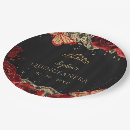 Vintage Red  Roses Black Gold Lace Quinceaera Paper Plates