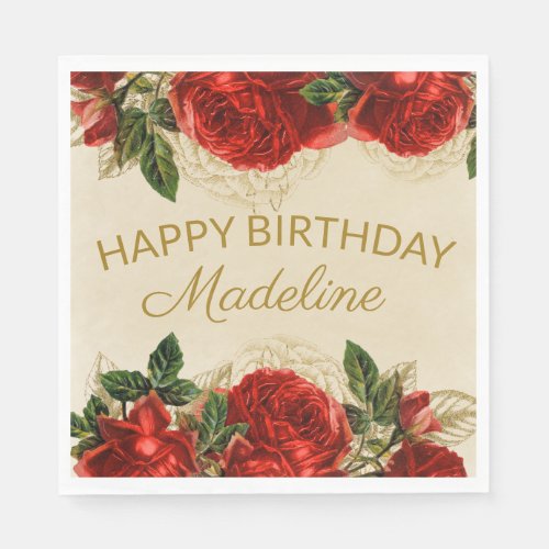 Vintage Red Roses Champagne Tan Happy Birthday Napkins