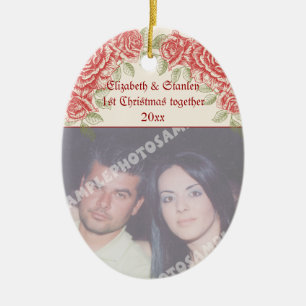 Vintage Red roses Couple's first Christmas photo Ceramic Ornament