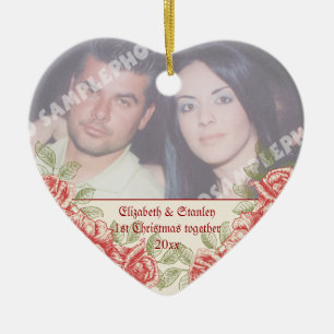 Vintage Red roses Couple's first Christmas photo Ceramic Ornament