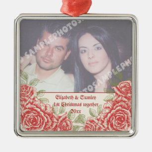 Vintage Red roses Couple's first Christmas photo Metal Ornament