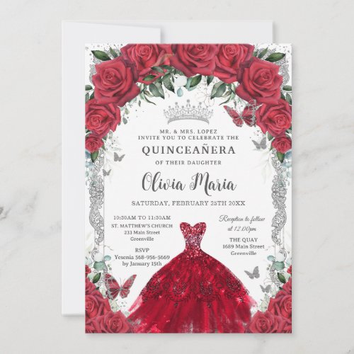 Vintage Red Roses Dress Floral Quinceaera Silver Invitation
