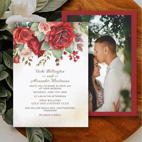 Vintage Red Roses Floral Botanical Photo Wedding Invitation
