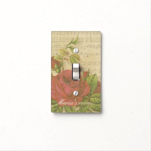 Vintage Red Roses Floral Music Sheet Custom Name Light Switch Cover